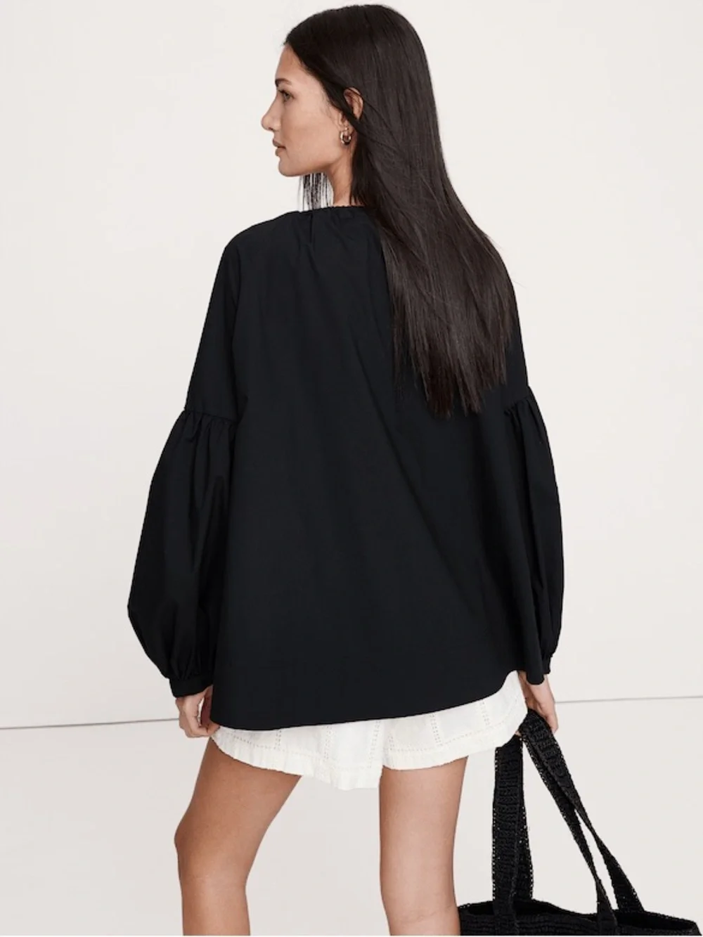 Banana Republic Balloon Volume Puff Sleeve Cotton Poplin Blouse Top Black Split